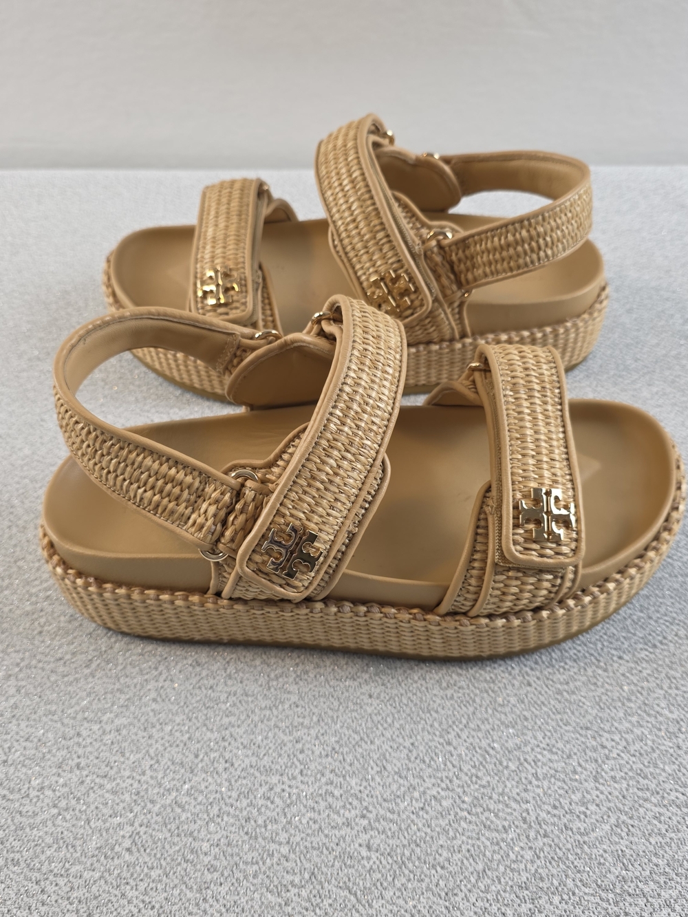 Tory Burch Kira Sporty Raffia Sandals Tan Wmn's 7.5